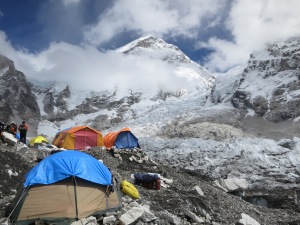Tents at Everest Base Camp, in front of the glacier icefall between you and Camp II