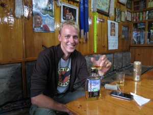 A well-earned Mount Everest scotch in the tea-house in our final night in Lukla